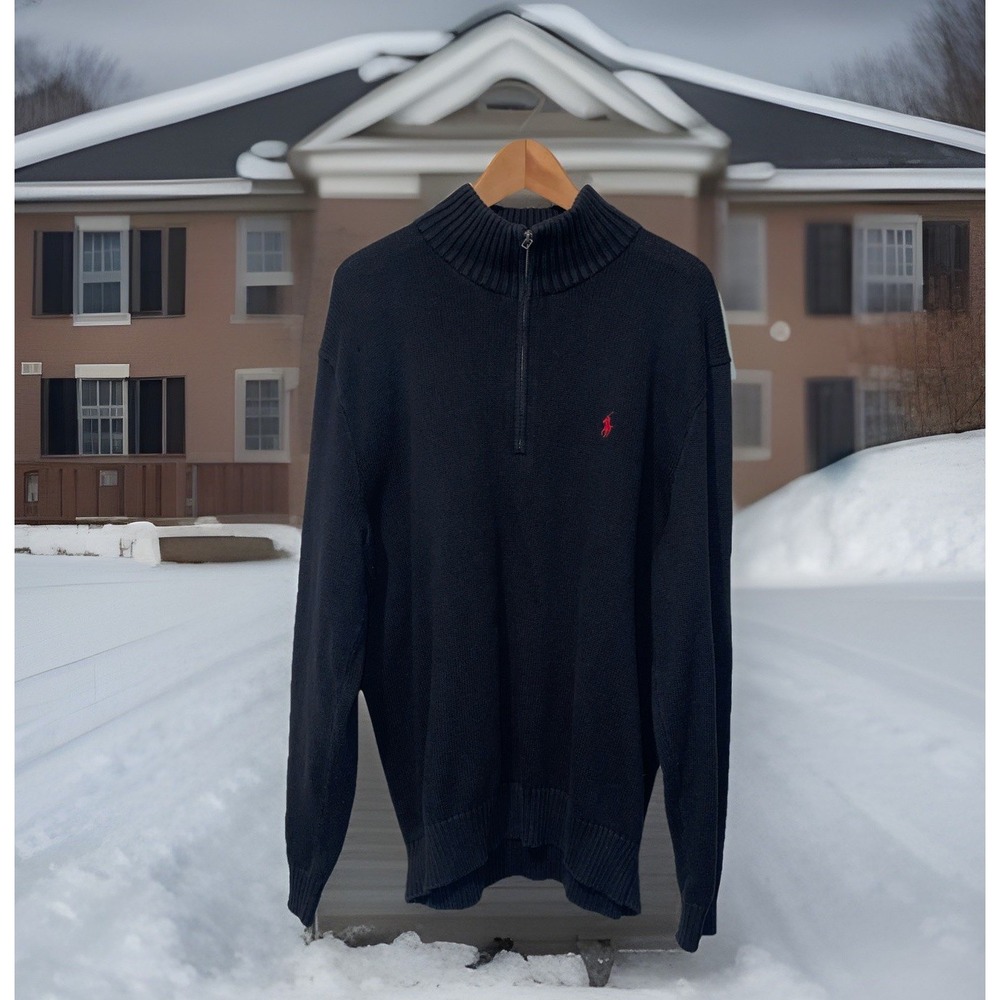 Polo Ralph Lauren Sweater Men XXL Black Quarter Zip Long Sleeve Ribbed Mock Neck